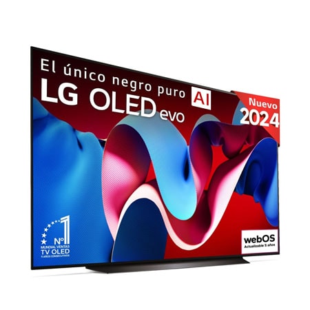 Vista frontal con la televisión LG OLED evo AI, la OLED C4, el emblema de la OLED número 1 del mundo durante 11 años y el logotipo del programa webOS Re:New en la pantalla