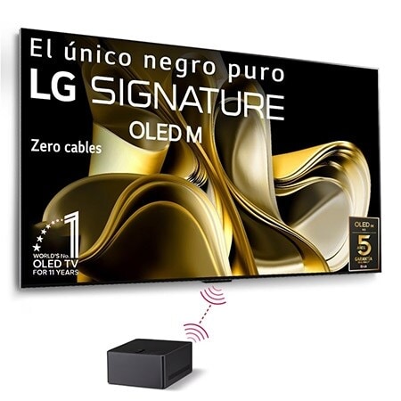 Front view with LG OLED M3 and Zero Connect Box below, 10 Years World No.1 OLED Emblem, LG OLED evo, and 5-Year Panel Warranty logo on screen
