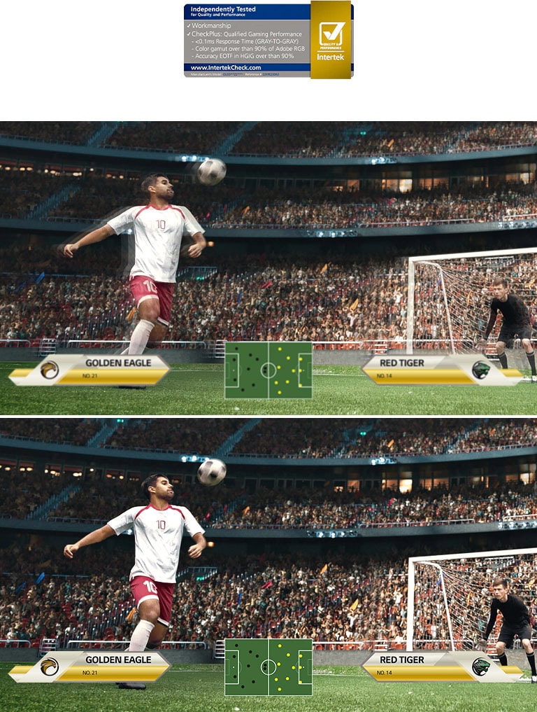 Tanto la pantalla normal como la de tiempo de respuesta rápido muestran la misma imagen de un partido de fútbol. La pantalla con tiempo de respuesta de 0,1 ms es notablemente más suave y realista.