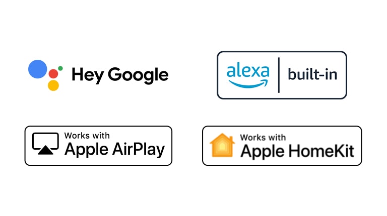 Imagen de los logos de Hey Google, Alexa, Apple Airplay y Apple HomeKit en los que ThinQ es compatible.