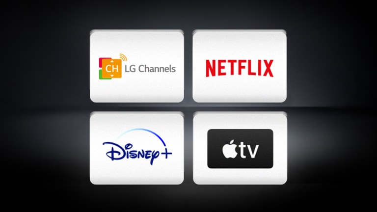El logotipo de LG Channels, el logotipo de Netflix, el logotipo de Disney+ y el logotipo de Apple TV están distribuidos horizontalmente en un fondo negro.