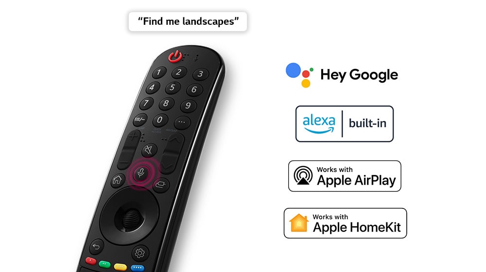 Imagen de un mando a distancia con un bocadillo donde pone ´´Find me landscape´´ y a la derecha del mando aparecen los logos de los asistentes Google Assistant, de Amazon Alexa, Apple Airplay y Apple Homekit.