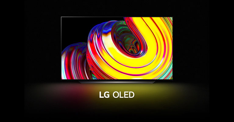Un patrón de ondas amarillas abstractas se visualiza en la pantalla y se aleja gradualmente para revelar el LG OLED CS. La pantalla se queda en negro y vuelve a mostrar el patrón de ondas con las palabras "LG OLED" debajo.