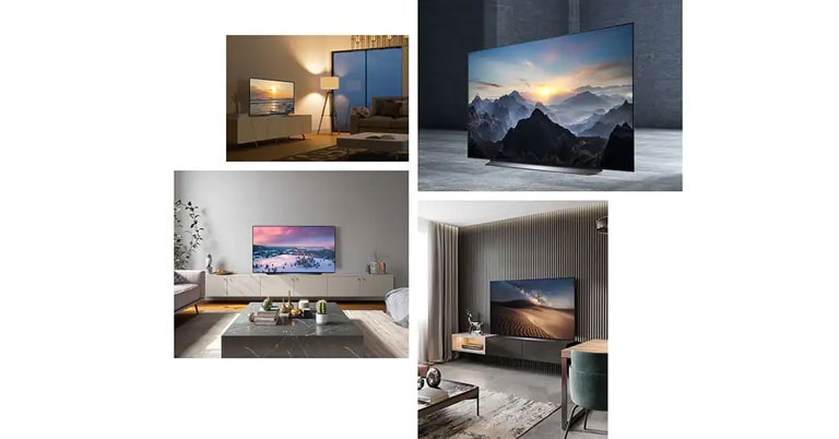 Una escena nocturna de la LG OLED CS sobre un mueble en una habitación con luz cálida.  Una vista en ángulo de LG OLED CS en un espacio completamente gris con una imagen de cimas de montañas en la pantalla.  Un LG OLED CS está en un salón de tonos marrones con una decoración elegante.  Un LG OLED CS en una habitación luminosa con plantas y adornos.