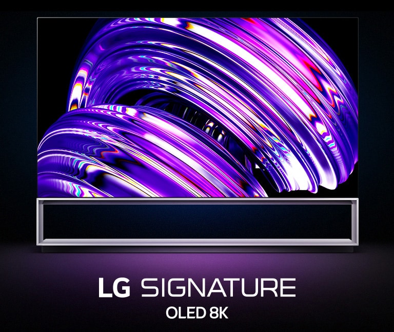 Imagen oscura de un TV LG OLED Z2 y dentro de la pantalla una imagen abstracta en tonalidades moradas.
