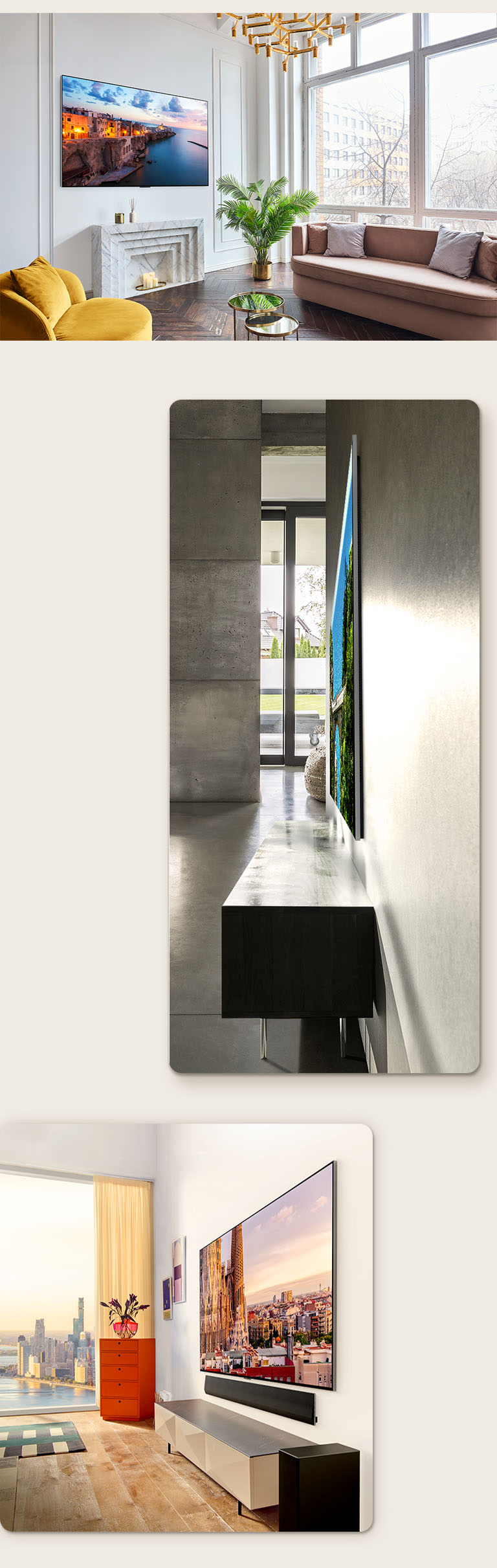Una imagen de LG OLED G3 en la pared de una habitación ornamentada mostrando su One Wall Design. Una vista lateral de las dimensiones increíblemente delgadas de LG OLED G3. Una vista en ángulo de LG OLED G3 en la pared de un apartamento con vistas a la ciudad con una barra de sonido debajo.