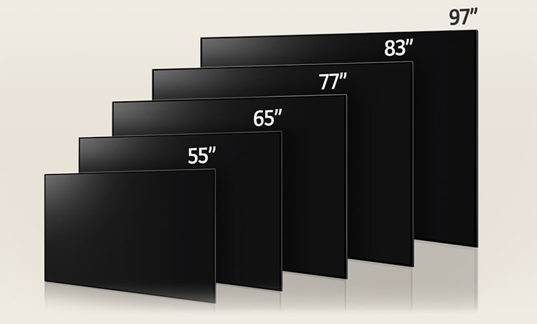 An image comparing LG OLED G3's varying sizes, showing 55", 65", 77", 83", and 97".
