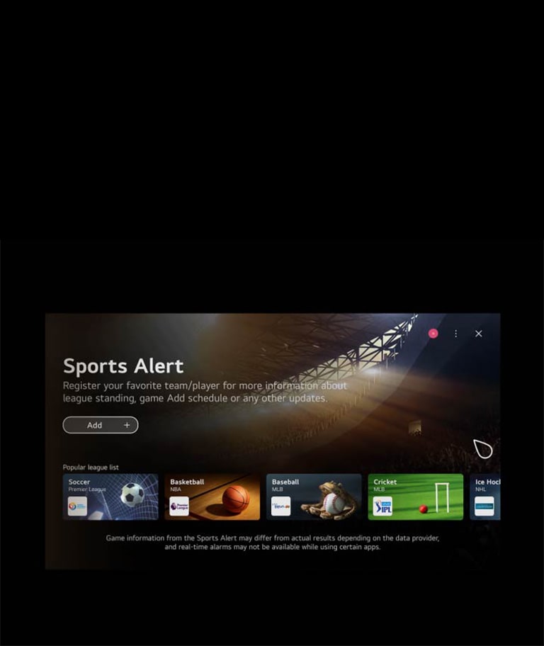 Un vídeo que muestra la pantalla de inicio de WebOS. El cursor hace clic en la tarjeta rápida de juegos y luego en la de deportes, que llevan a pantallas con contenidos relacionados.