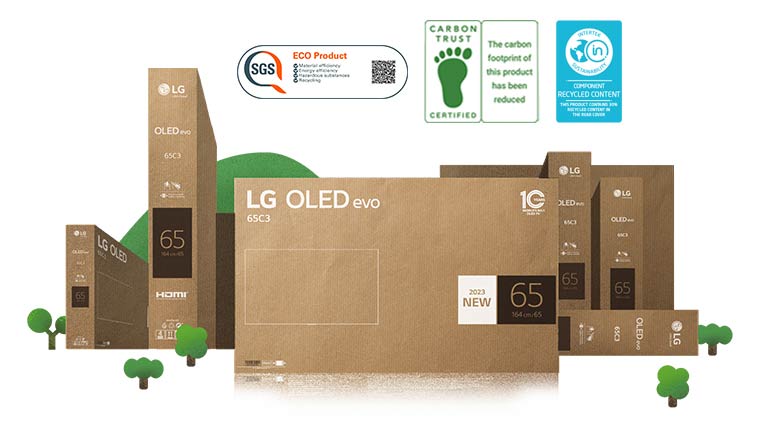 Embalaje de cartón ecológico LG OLED representado en torno a árboles y montañas florecientes.