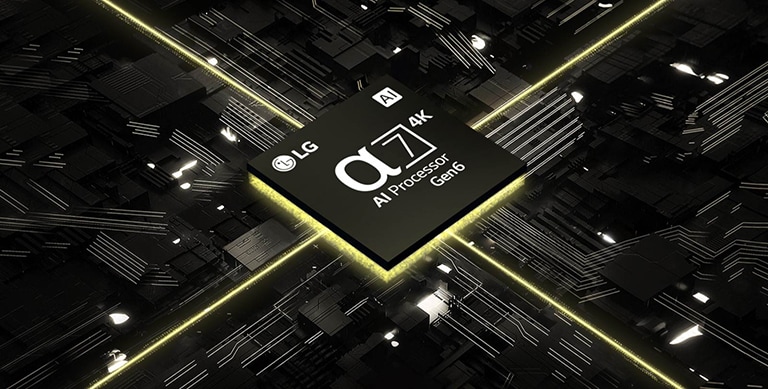 Un vídeo del α7 AI Processor 4K Gen6 contra una placa de circuito. La placa se ilumina y del chip salen luces amarillas que representan su potencia.