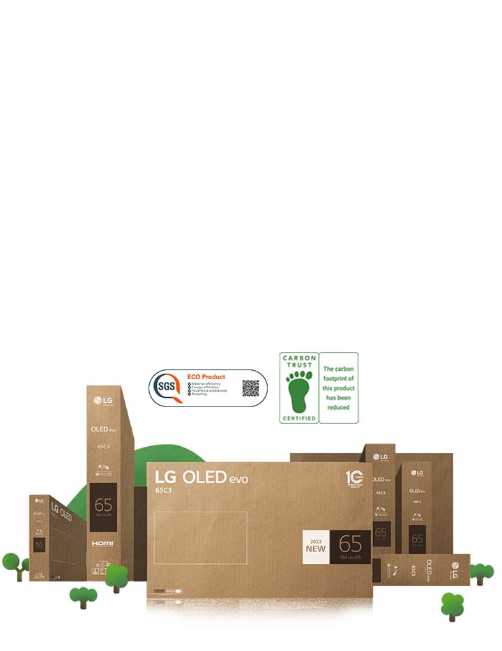 Embalaje de cartón ecológico LG OLED representado en torno a árboles y montañas florecientes.