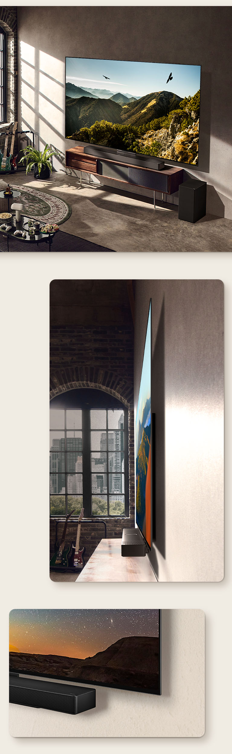 Una imagen de LG OLED C3 con una barra de sonido en la pared de una sala artística. Una vista lateral de las finas dimensiones de LG OLED C3 frente a una ventana con vistas a un paisaje urbano. La esquina inferior de LG OLED C3 y Soundbar.-