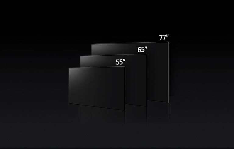 Una imagen que compara los distintos tamaños de LG OLED C3, mostrando 55", 65" y 77".
