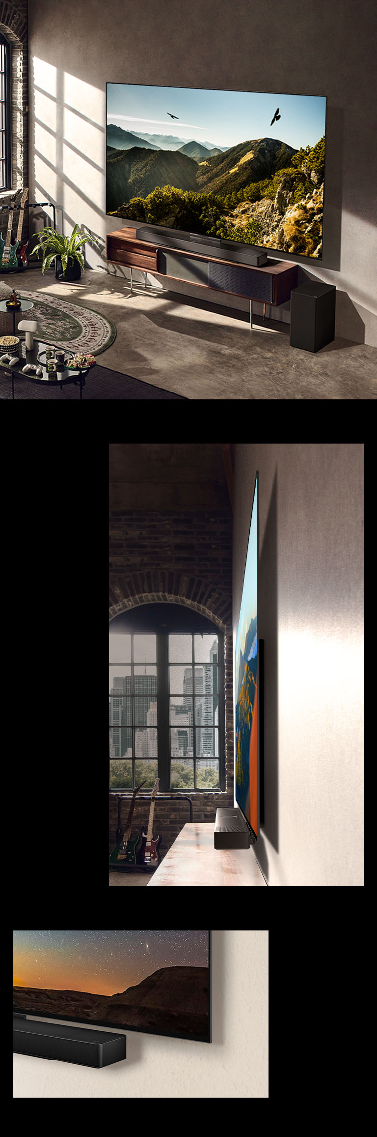 Una imagen de LG OLED C3 con una barra de sonido en la pared de una sala artística. Una vista lateral de las finas dimensiones de LG OLED C3 frente a una ventana con vistas a un paisaje urbano. La esquina inferior de LG OLED C3 y Soundbar.-