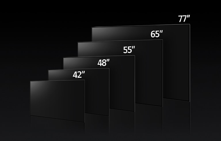 Una imagen que compara los distintos tamaños de LG OLED C3, mostrando 42", 48", 55", 65" y 77".