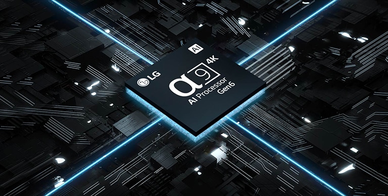 Un vídeo del α9 AI Processor 4K Gen6 contra una placa de circuito. La placa se ilumina y el chip emite luces azules que representan su potencia.