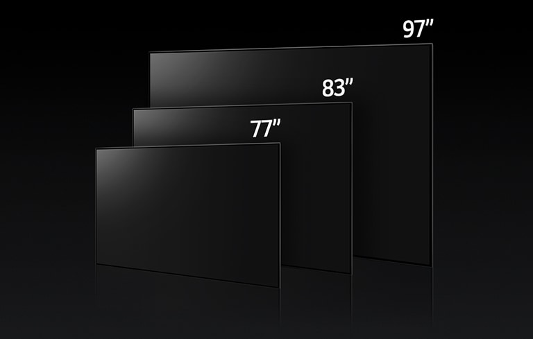 Imagen comparativa de los distintos tamaños de la serie LG OLED M: 77", 83" y 97".