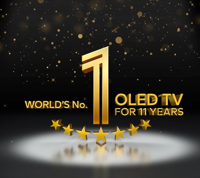 Un emblema dorado del televisor OLED número 1 del mundo durante 11 años sobre un fondo negro. Un foco ilumina el emblema y estrellas abstractas doradas llenan el cielo sobre él.