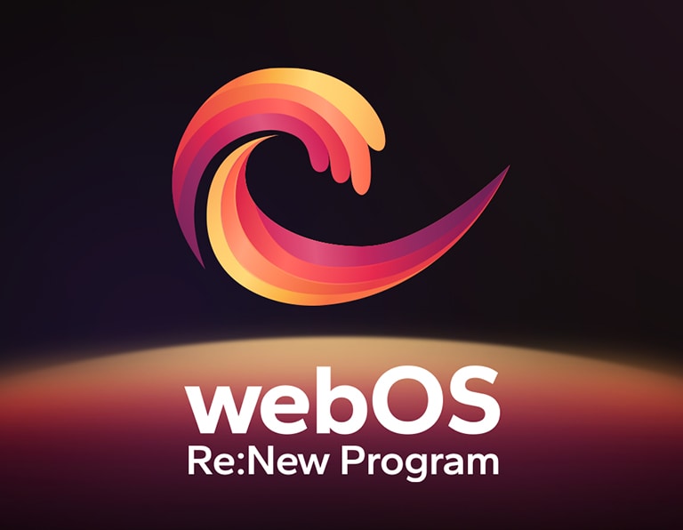 El logotipo de webOS Re:New Program aparece sobre un fondo negro con una esfera circular amarilla y naranja y morada en la parte inferior.