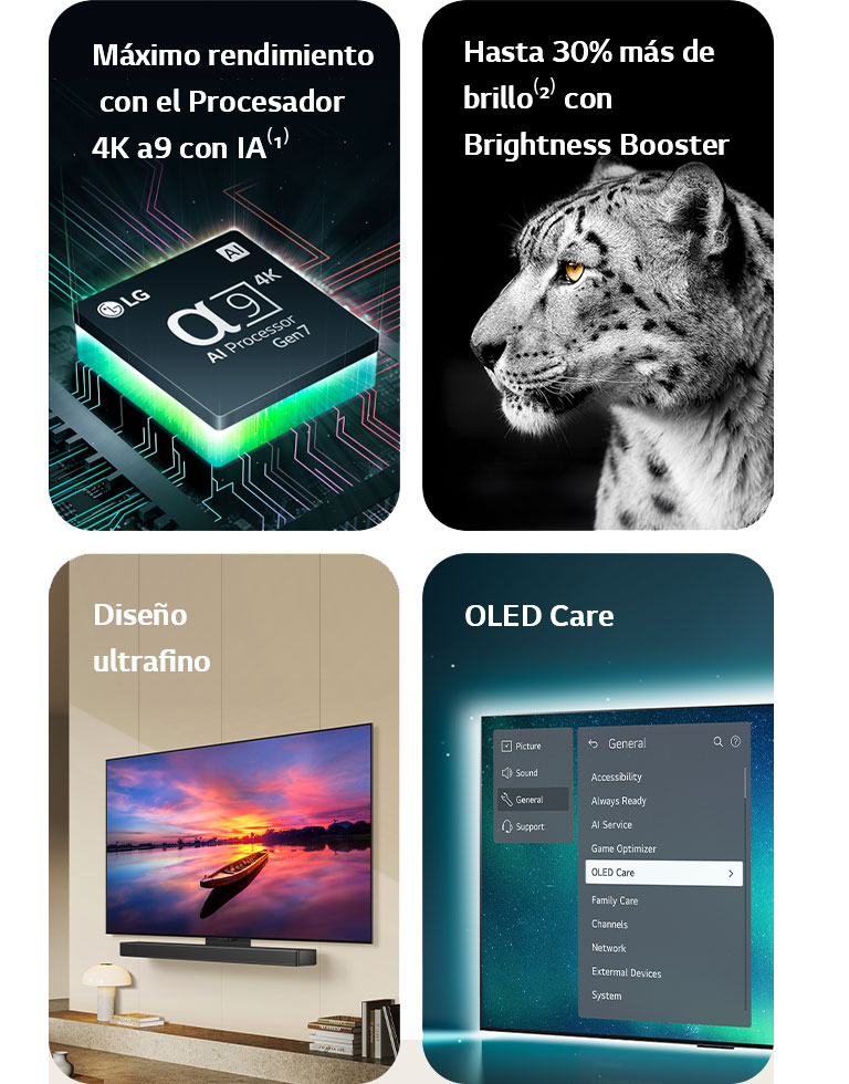 Procesador AI alpha 9 Gen7 de LG sobre una placa base, emitiendo destellos de luz verde.  Brightness Booster con una imagen lateral de un leopardo blanco.  Ultrafino y preparado para LG Soundbar ubicado en plano contra la pared en un salón moderno.  Televisor OLED con el menú OLED Care seleccionado en el menú de soporte que aparece en la parte superior de la pantalla.