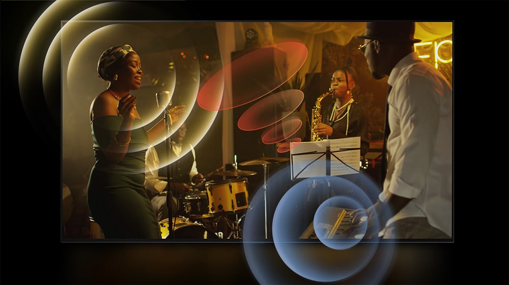 LG OLED TV que muestra a músicos tocando, con gráficos de círculos brillantes alrededor de los micrófonos y los instrumentos.