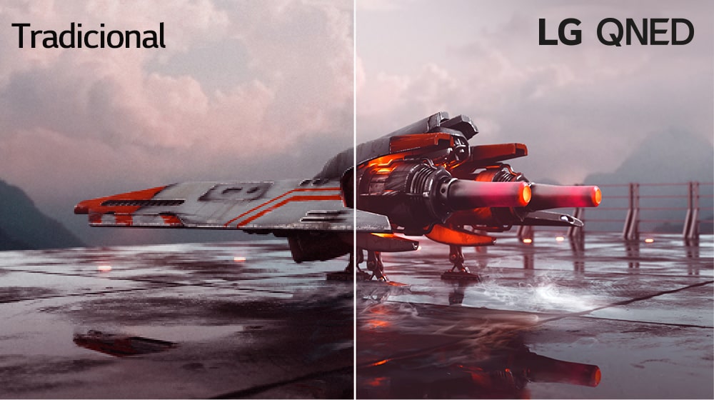 Imagen de un avión de combate rojo que está dividida en dos - la mitad izquierda de la imagen es menos colorida y ligeramente más oscuro, mientras que la mitad derecha de la imagen es más brillante y más colorido. En la esquina superior izquierda de la imagen dice ´´Convencional´´ y en la esquina superior derecha aparece el logo de ´´LG QNED MiniLED´´.