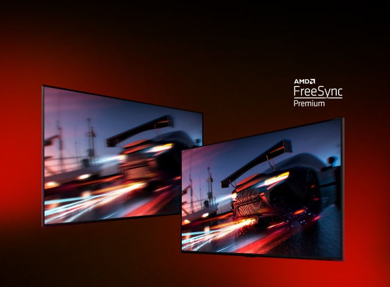 Imagen de dos televisores - el de la izquierda muestra una escena del juego FORTNITE con un coche de carreras. El de la derecha muestra la misma escena del juego, pero en una pantalla de imagen más clara y brillante. En la esquina superior derecha se muestra el logotipo AMD FreeSync premium.