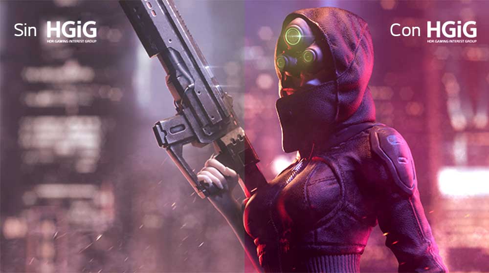 Una imagen muestra a una mujer sosteniendo un arma y con la cara tapada. La mitad izquierda de la imagen tiene menos brillo y colores más apagados, y la mitad derecha de la imagen tiene colores más vivos.