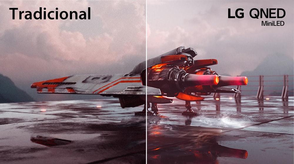 Imagen de un avión de combate rojo que está dividida en dos - la mitad izquierda de la imagen es menos colorida y ligeramente más oscuro, mientras que la mitad derecha de la imagen es más brillante y más colorido. En la esquina superior izquierda de la imagen dice ´´Convencional´´ y en la esquina superior derecha aparece el logo de ´´LG QNED MiniLED´´