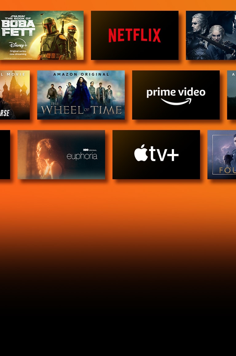 Imagen de varios TVs con una plataforma de streaming distinta en cada uno y se muestra contenido típico de cada una de esas plataformas