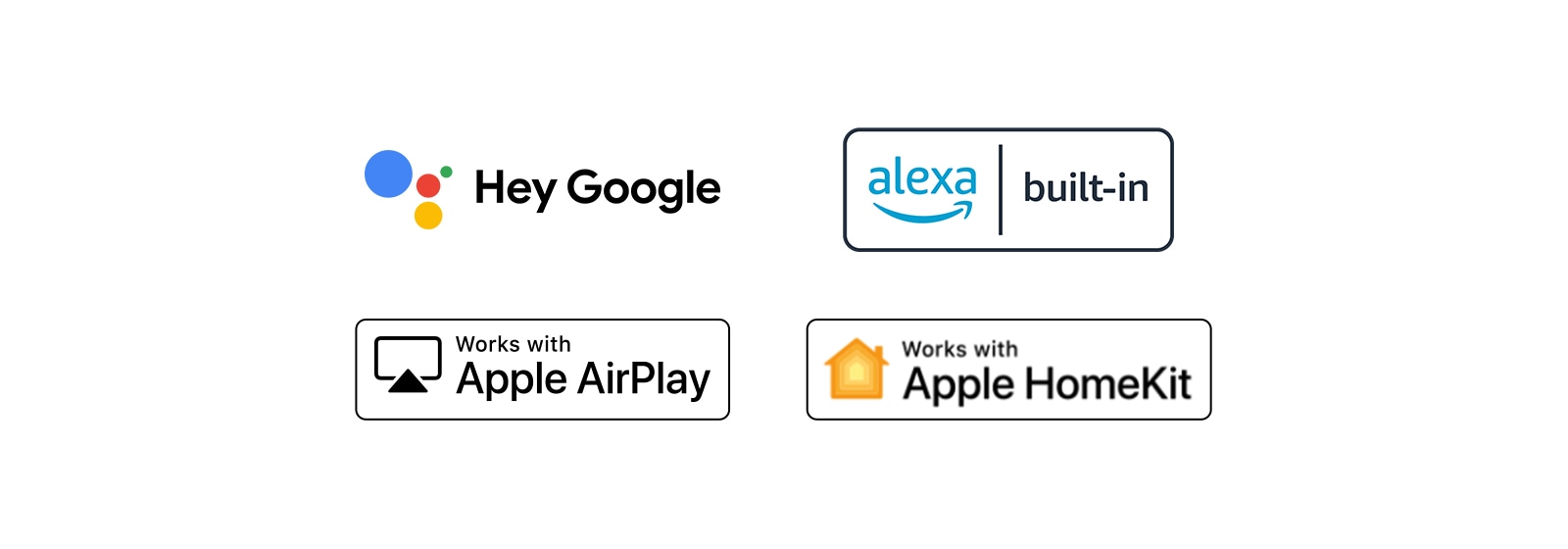 Imágen en la que aparecen los logos de Google Assistant, Alexa, Apple AirPlay y Apple HomeKit.