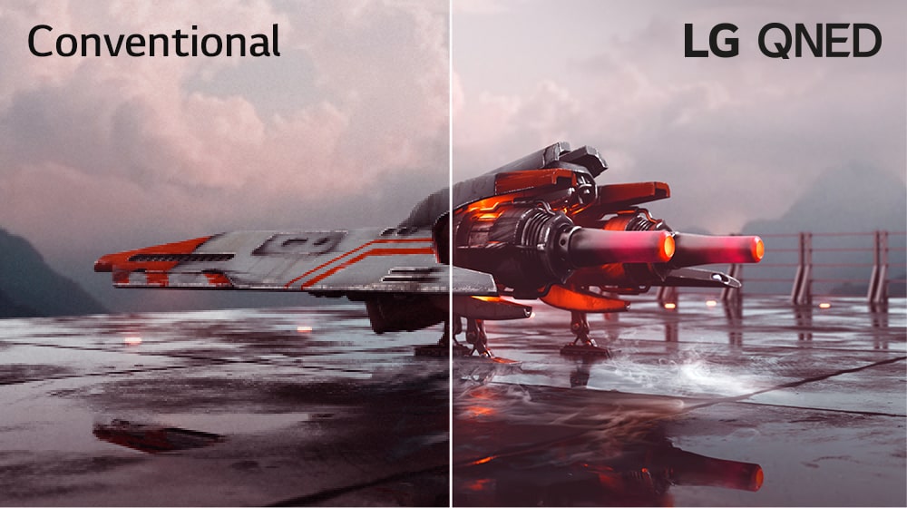 Imagen de un avión de combate rojo que está dividida en dos - la mitad izquierda de la imagen es menos colorida y ligeramente más oscuro, mientras que la mitad derecha de la imagen es más brillante y más colorido. En la esquina superior izquierda de la imagen dice ´´Convencional´´ y en la esquina superior derecha aparece el logo de ´´LG QNED MiniLED´´.