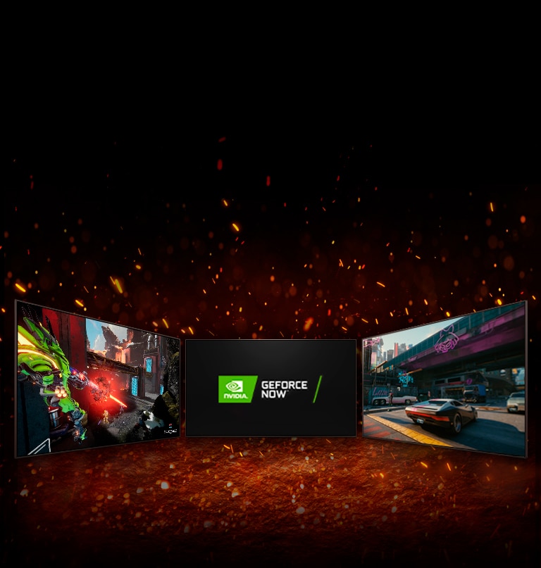 Se muestran tres televisores. En el TV del centro se muestran dos logotipos colocados en diagonal - logo de NVIDIA GeFORCE NOW y logo de STADIA. En el TV de la izquierda se muestra Splitgate y en el TV de la derecha se muestra Cyberpunk 2077.