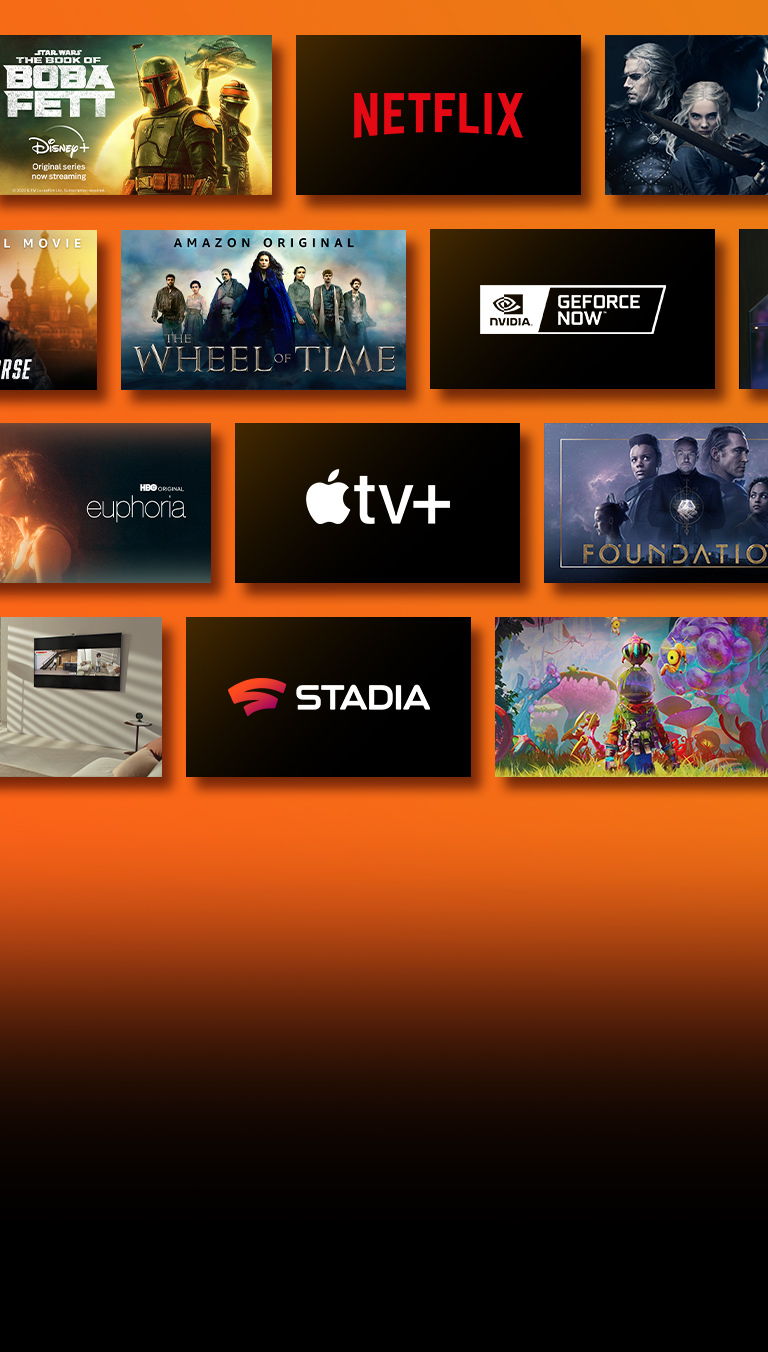 There are logos of streaming service platforms and matching footages right next to each logo. Netflix logo and money heist and the Witcher. Disney logo and Boba Fett. Prime Video logo and Without Remorse and The Wheel of Time. NVIDIA Geforce Now logo and gameplay images of Cyberpunk 2077 and Splitgate. Apple TV plus logo and Foundation and Finch.