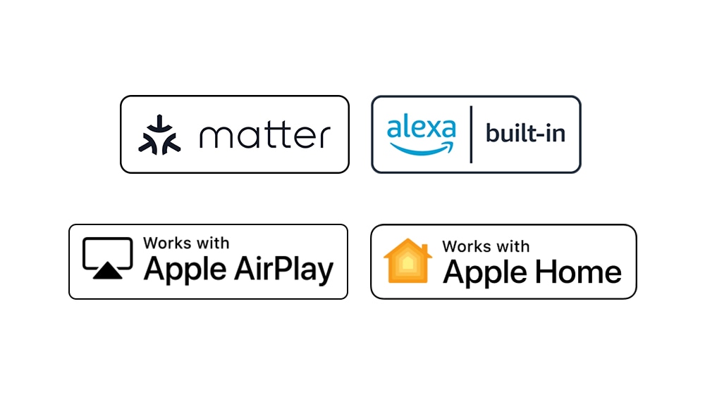 El logo de «Hey Google» El logo de «Alexa Built-in» El logo de «Works with Apple AirPlay» El logo de «Works with Apple Home»