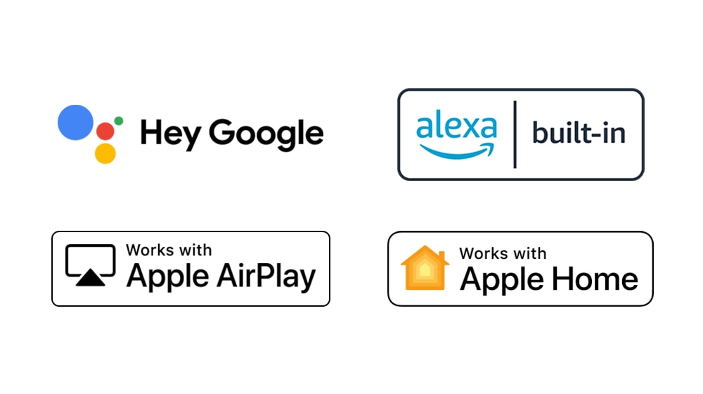 El logo de «Hey Google» El logo de «Alexa Built-in» El logo de «Works with Apple AirPlay» El logo de «Works with Apple Home» *Apple Home Kit, Google Assistant y Amazon Alex son servicios independientes de LG que podrían requerir cuentas de suscripción.