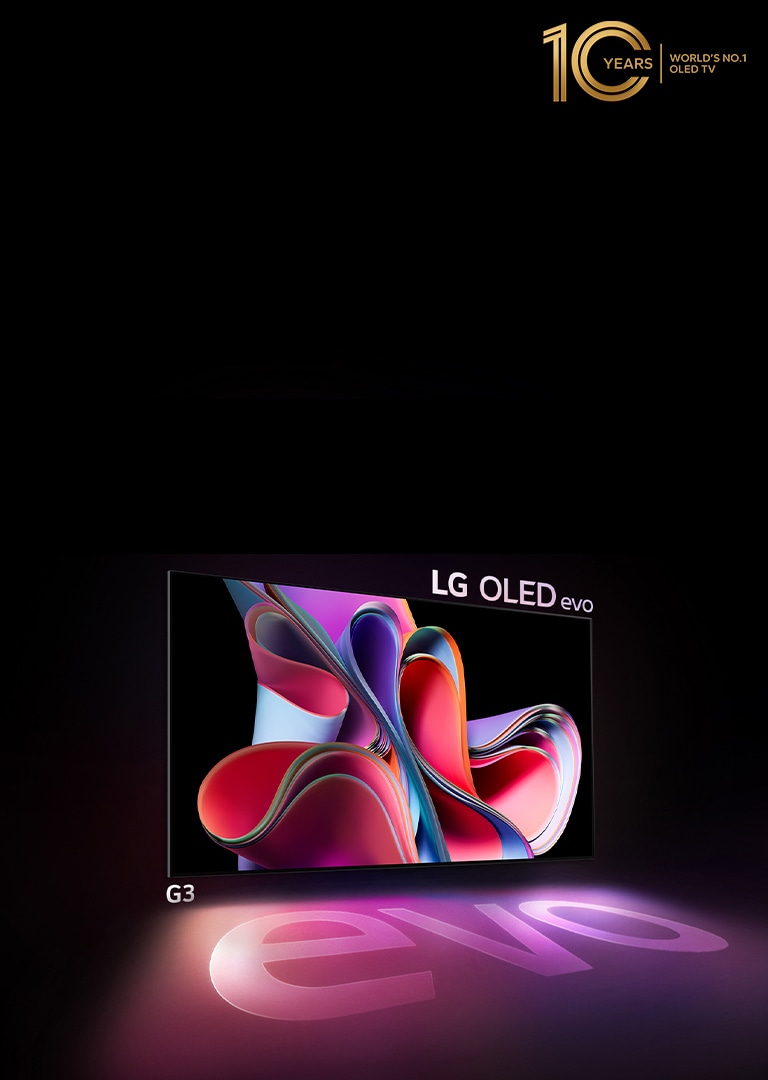 LG OLED G3 evo is shining brightly in a dark space. And on the top right, there is a logo to celebrate the 10th anniversary of OLED.