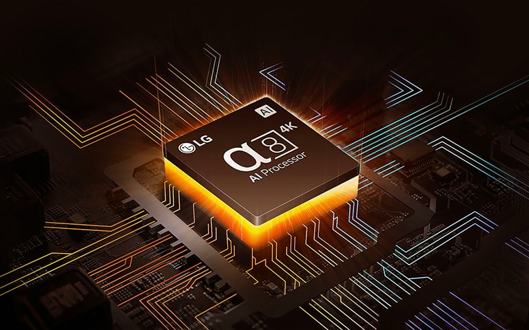 El procesador de IA alfa 8 de LG 4K con luz naranja que emana debajo y coloridas líneas de placa de circuito que se ramifican del procesador de IA.