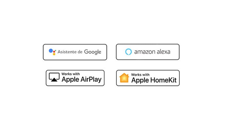 Imagen que muestra los logos del asistente de Google, de Amazon Alexa, de Apple Airplay y Apple HomeKit.