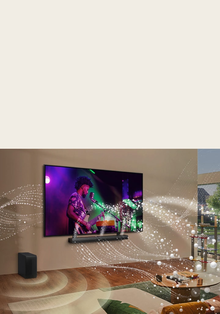 TV LG OLED y barra de sonido montados en la pared de un salón y gráficos de formas brillantes por toda la habitación