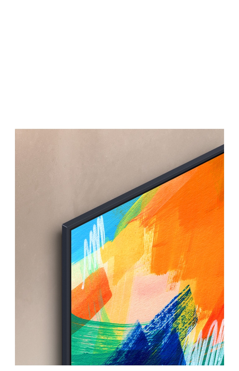 Una esquina superior izquierda de un televisor LG, que muestra una obra de arte multicolor, y el televisor está montado en una pared sin apenas espacio visible.