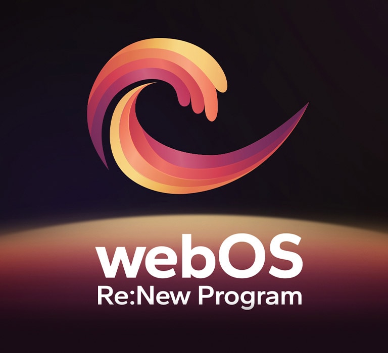 Imagen del logotipo de webOS Re:New Program está sobre un fondo negro con una esfera circular amarilla y naranja de color púrpura en la parte inferior.
