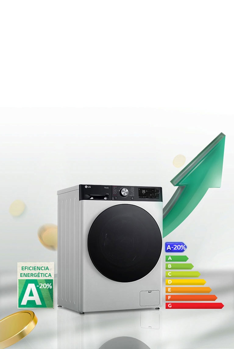 La etiqueta de calificación energética de alta eficiencia A-10% y el gráfico de calificación energética se muestran junto a la lavadora. Detrás de la lavadora, aparece la flecha verde en dirección hacia arriba.