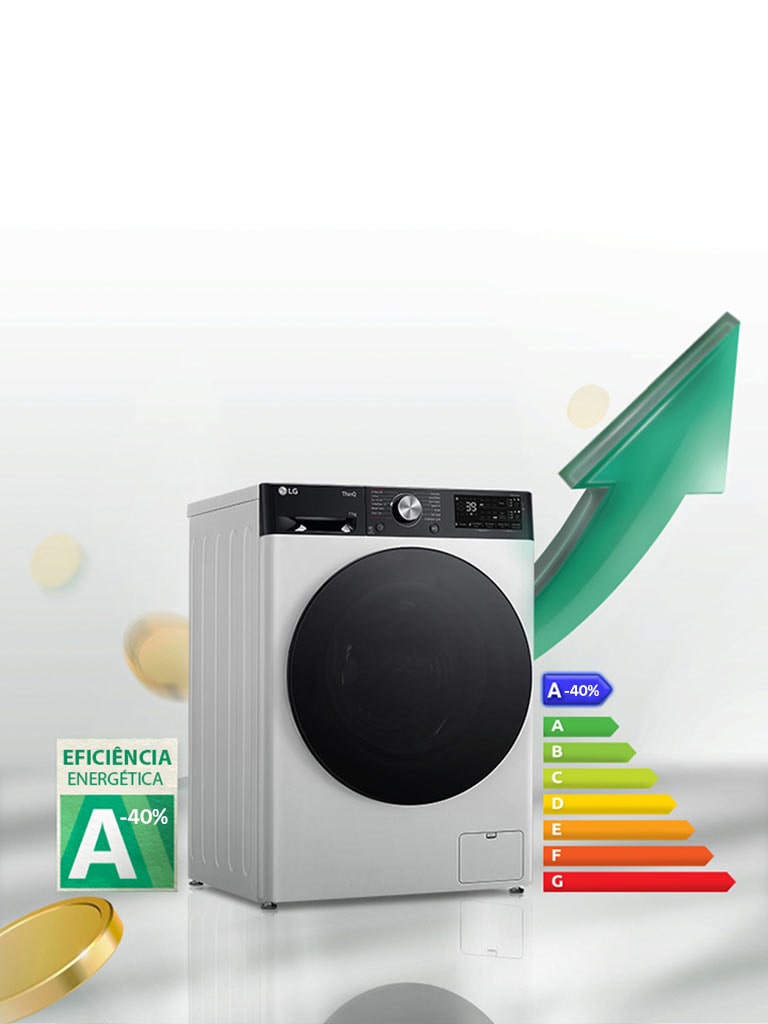 La etiqueta de calificación energética de alta eficiencia A-10% y el gráfico de calificación energética se muestran junto a la lavadora. Detrás de la lavadora, aparece la flecha verde en dirección hacia arriba.