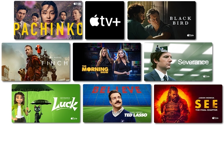 En la izquierda aparece un hombre sobre fondo negro. Una niña sujeta un cristal, logotipo de Apple TV+, un hombre y un robot están en el medio de la nada, una mujer en la casa, dos mujeres están de pie una al lado de la otra, una madre y sus dos hijos están corriendo, un hombre mira al cielo, dos hombres están cara a cara.