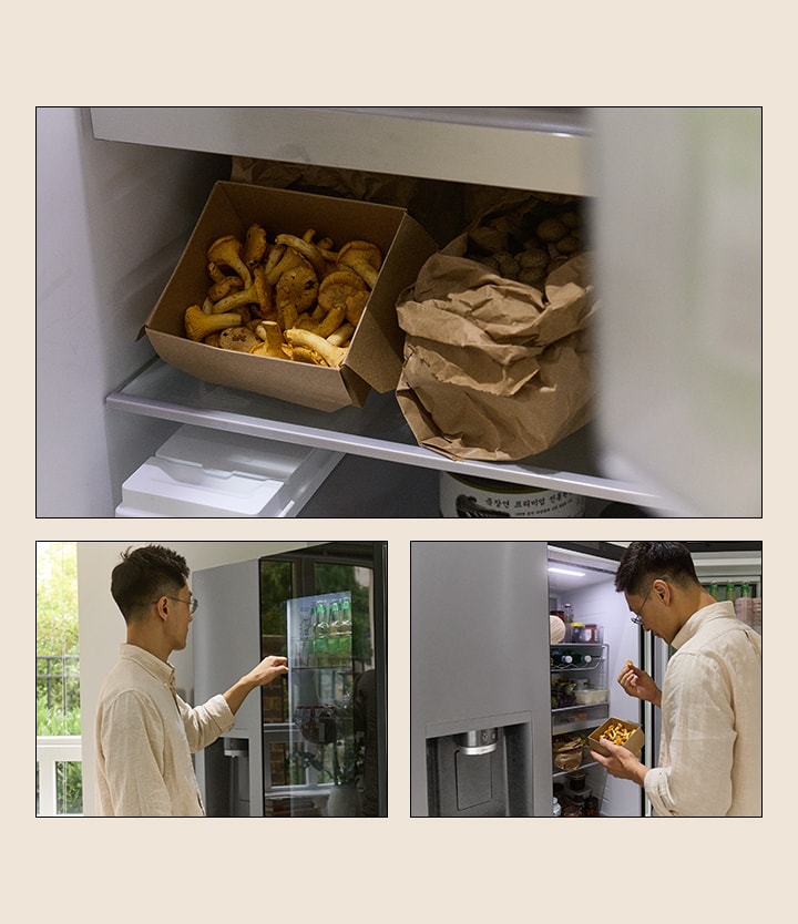 Un hombre que recoge un hongo del refrigerador mientras examina cuidadosamente la selección.