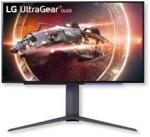 Monitor de juego curvo LG UltraGear mostrando un gráfico futurista vibrante con luces de neón púrpura y azul.