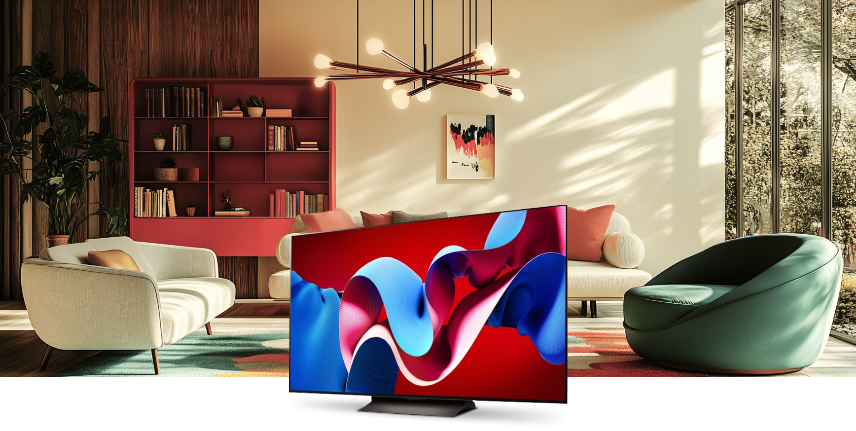 El televisor LG OLED C4 está colocado frente a un fondo de diseño interior moderno y acogedor.