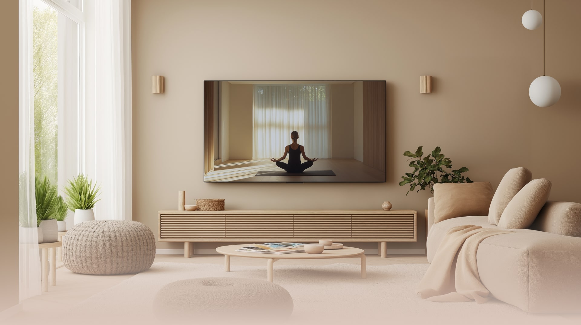 Salón moderno con un televisor LG OLED mostrando una sesión de yoga, con decoración minimalista y ambiente acogedor.