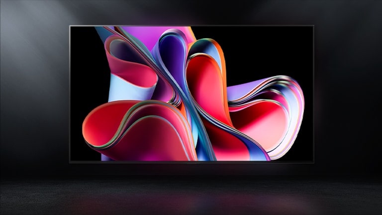 Una imagen del LG OLED G3 sobre un fondo negro muestra una obra abstracta de un color rosa y morado brillante.